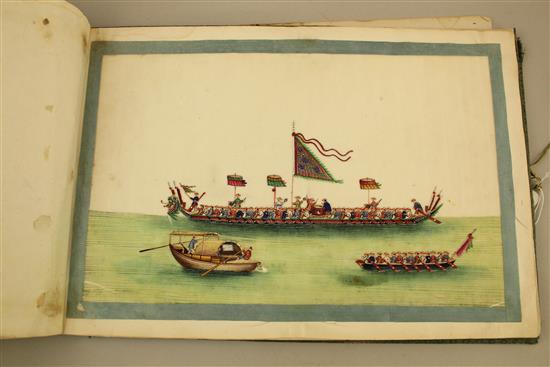 A Chinese album of eight pith paintings of birds and two of a procession of boats, 19th century, 25 x 37cm